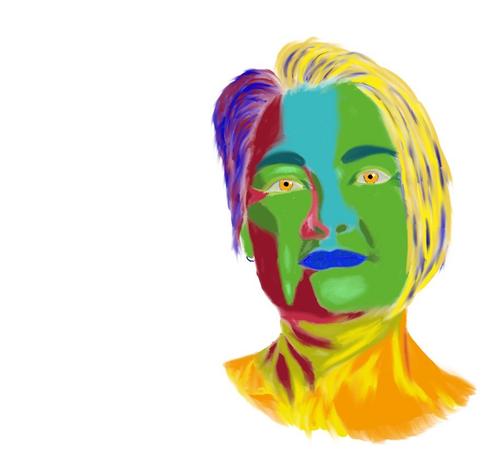 Mein eigenes Portrait, sehr bunt (rot, grün, gelb, blau) übermalt mit Procreate am IPad