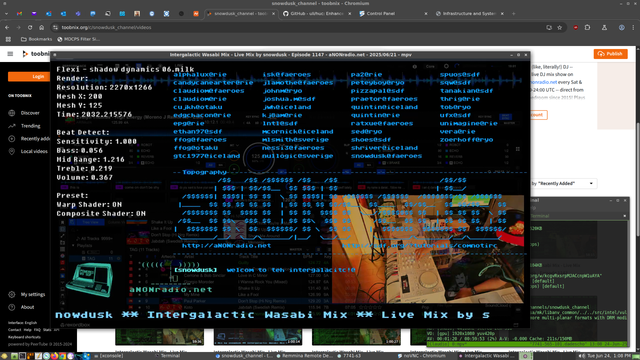 Screenshot of MATE Desktop on OpenBSD with a dark theme. MPV, which was launched from the MATE Terminal window peeking from the bottom right of the MPV window, is playing snowdusk's recorded stream of the Intergalactic Wasabi Mix from 2025-06-21. Behind it is Chromium focused on on snowdusk's Toobnix page.