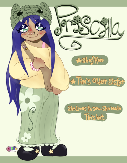 A digital drawing of a young girl standing on a green background with the text "Priscilla" in a handmade flower-style font beside her. She is dressed in a comfortable fashion with a cozy yellow sweater hanging off one shoulder, a pink undershirt strap set against it. She has a long green flowing dress, decorated with pastel daisies and ruffles along the bottom hem. Her shoes are black maryjanes with small yellow star buckles affixed. She has tan skin and long blue hair which reaches down past her knees, though the top of her head is covered by a lovely green knit dragon hat that looks like it's biting her head. She snugly holds a crossbody bag decorated with some small pins and she smiles sweetly at you with her green eyes. Some additional features are her pink bracelet and nose ring. The rest of the text on the side of the image reads: "She/Her, Tim's older sister, she loves to sew, she made Tim's hat."