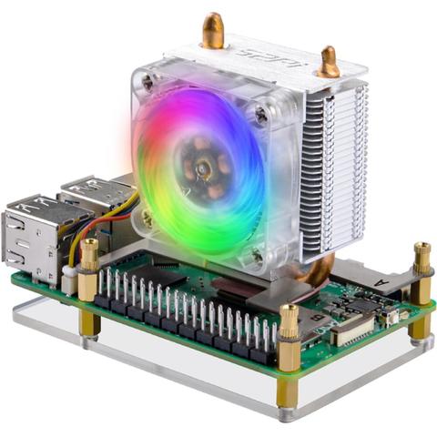 Copper pipe CPU cooler with a large LED rainbow color fan attached to a big aluminum grill mounted on a RaspberryPi.
