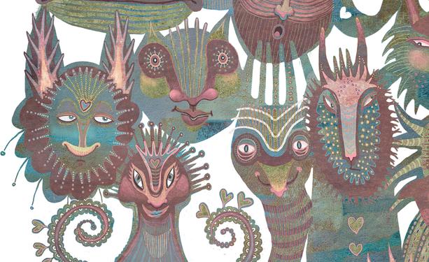 Various semi-abstract faces of unique creatures, expressing varying emotions in a myriad of colors and textures against a white background.
