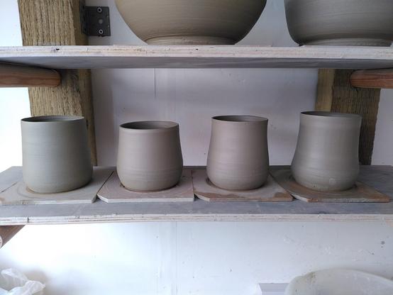 4 mug bodies on their clay bats after throwing