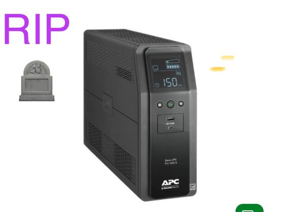 Product picture of an APC UPS with the letters R.I.P. and a tombstone emoji