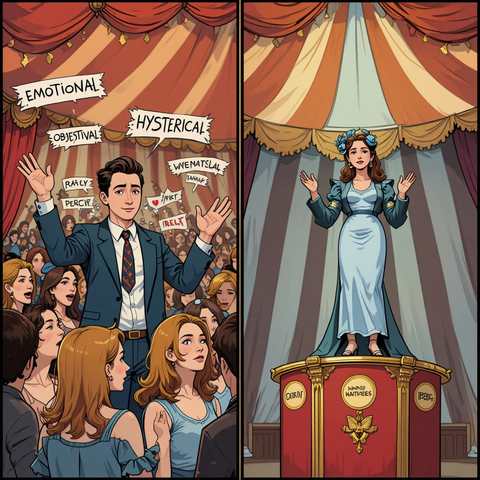 Ilustración que muestra a un hombre en un escenario rodeado de mujeres, con palabras como 'emocional', 'histerical' y 'objetiva' flotando a su alrededor, mientras que a la derecha, una mujer en una plataforma sostiene las manos en señal de autoridad.