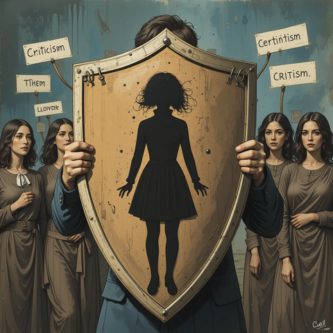 Una figura masculina sostiene un escudo que oculta la silueta de una niña, mientras tres mujeres lo observan en el fondo con expresiones de crítica. En la pared hay carteles que dicen 'Criticism' y 'Certainty'.