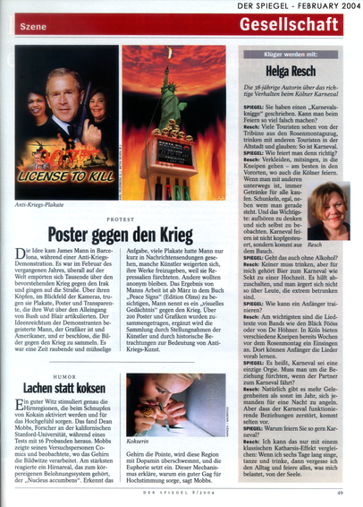 A page from a 2004 edition of the German magazine Der Spiegel, featuring an article about a book that included my anti-war cartoon.