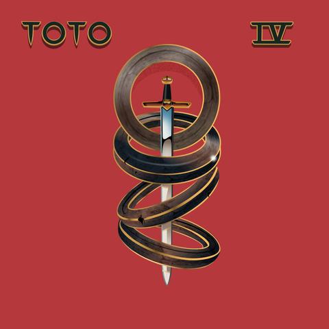 Album cover for Toto's fourth album, IV from 1982. A red background and the Toto-sword in the middle, stuck trough four rings of stone with brass or gold rims.
