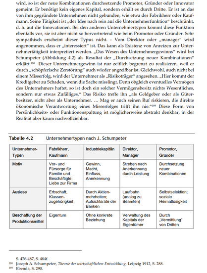 wird, so ist der neue Kombinationen durchsetzende Promotor, Gründer oder Innovator gemeint. Er benötigt kein eigenes Kapital, sondern erhält es durch Dritte. Er ist an das von ihm gegründete Unternehmen nicht gebunden, wie etwa der Fabrikherr oder Kaufmann. Seine Tätigkeit ist „der Idee nach rein auf die Unternehmerfunktion" beschränkt, d. h. auf die Innovationen. Bei den anderen Unternehmertypen kommt diese Funktion ebenfalls vor, sie ist aber nicht so hervortretend wie beim Promotor oder Gründer. Sehr sympathisch erscheint dieser Typus nicht. - Vom Direktor oder „manager" wird angenommen, dass er „interessiert" ist. Das kann als Existenz von Anreizen zur Unternehmertätigkeit interpretiert werden. „Das Wesen des Unternehmergewinns" wird bei Schumpeter (Abbildung 4.2) als Resultat der „Durchsetzung neuer Kombinationen" erklärt. Dieser Unternehmergewinn ist nur zeitlich begrenzt zu realisieren, weil er durch „schöpferische Zerstörung" auch wieder angreifbar ist. Gleichwohl, auch nicht bei einem Misserfolg, wird der Unternehmer als „Risikoträger" angesehen. „Hier kommt der Kreditgeber zu Schaden, wenn die Sache misslingt. Denn obgleich eventuelles Vermögen des Unternehmers haftet, so ist doch ein solcher Vermögensbesitz nichts Wesentliches, sondern nur etwas Zufälliges." Das Risiko treffe ihn „als Geldgeber oder als Güterbesitzer, nicht aber als Unternehmer. ...
