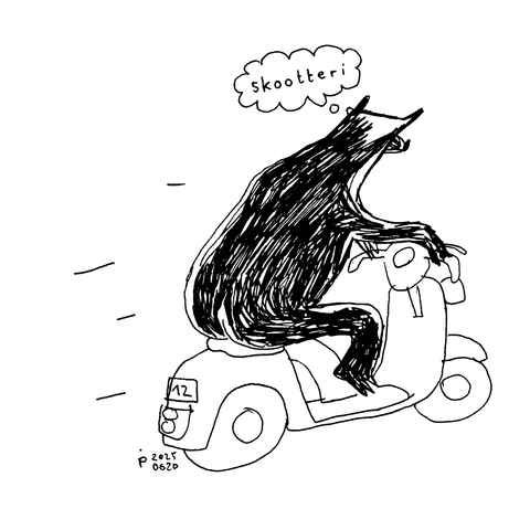drawing of a bear riding a scooter (like a vespa), seen from the side and behind. the bear thinks "skootteri". the license plate reads "12" which could stand for "a bear", I guess.