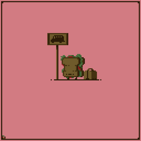 A sandwich waiting for a bus next to a bus stop sign with a suitcase full of hope on it's side, on it's way to make it in the big city.