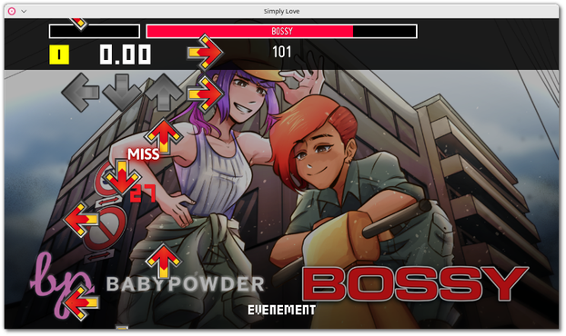 🕶️ A view of its UI at the start of a song (BOSSY): arrows scroll from bottom to top - following the rhythm of the music in progress, to reach the 4 gray arrows at the top of the UI. To score points, press the corresponding arrow (on the keyboard or on the music mat) when it reaches one of the 4 gray arrows.

📚️ ITGmania is a fork of StepMania 5.1, a libre, multi-platform rhythm/dance game inspired by "Dance Dance Revolution", in which the player attempts to reproduce sequences/choreographies presented on screen using a keyboard, or an electronic mat, via compatible music files. It supports several game types and modes, game formats up to 4 and 5 panels, plug-in customization and an editor. ITGmania brings network functionality, reloading of new songs from its UI, bug fixes and new user preferences.