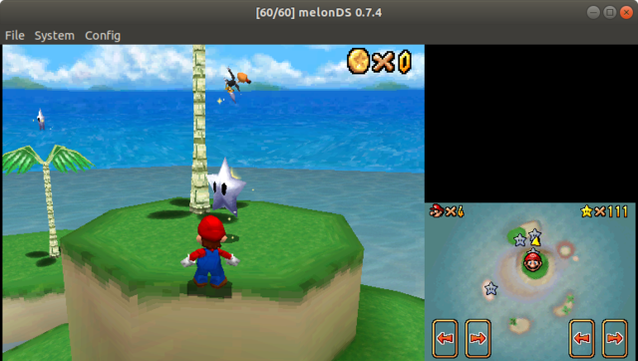 🕶️ A view of its UI (v.0.7.4) with a Super Mario-type 3D game on a desert island. The main display is on the left-hand side of the screen, while the Nintendo DS 2nd screen with the location map is displayed on the right-hand side of the UI.

📚️ melonDS is a libre, multi-platform, single/multi (local via Wi-Fi, or online) Nintendo DS game console emulator. It requires an external BIOS to work. It offers software and hardware rendering (OpenGL) with different display position/size/rotation modes, upscaling 3D, microphone and joystick support, and status load/save.