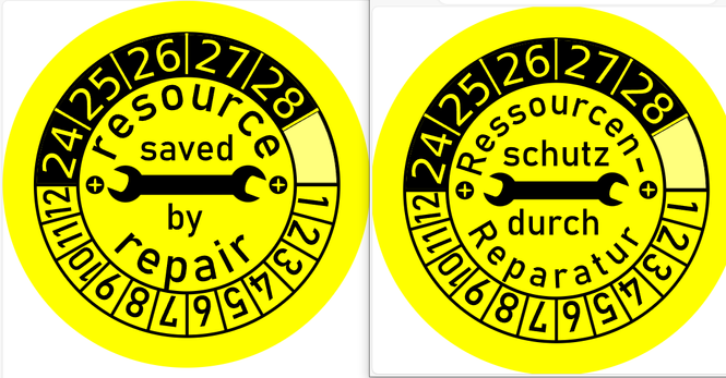 yellow, round stickers with date-marking edge to mark repaired goods with