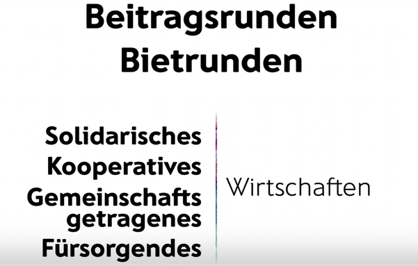 Screenshot mit dem Text
Beitragsrunden / Bietrunden

Solidarisches Wirtschaften, Kooperatives Wirtschaften, Gemeinschafts getragenes Wirtschaften, Fürsorgendes Wirtschaften