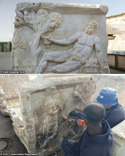 Rare Roman sarcophagus showing Dionysus defeating Hercules found in Caesarea

Excavations in the coastal city of Caesarea, Israel, have revealed a rare 1,700-year-old marble sarcophagus from the Roman era. It is carved with a detailed scene of a drinking contest between the wine god Dionysus and the mythological hero Hercules...