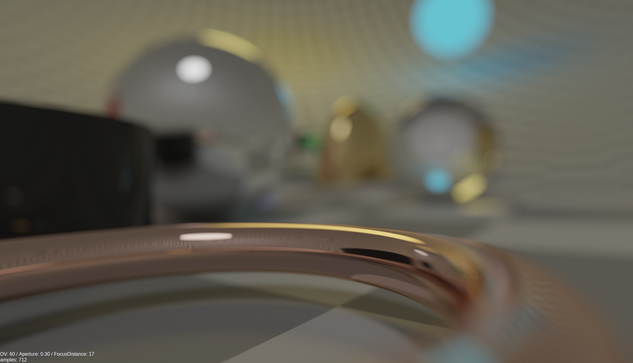 A screenshot of the "Geometry Showcase Demo" that demonstrates several primitive shapes for ray tracing, while showing off the renderer's capabilities - global illumination, true reflections/refractions, bounce lighting, soft shadows, caustics, and near-instant image convergence at 30-60fps, on any device!