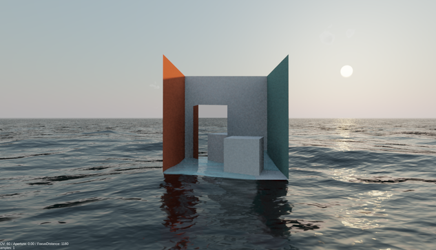 A screenshot of the "Ocean and Sky Demo" that mixes ray tracing with ray marching and models an enormous calm ocean underneath a realistic physical sky. You can see the sun in the background. If you open the demo in the browser, you also get to see photo-realistic procedural clouds.