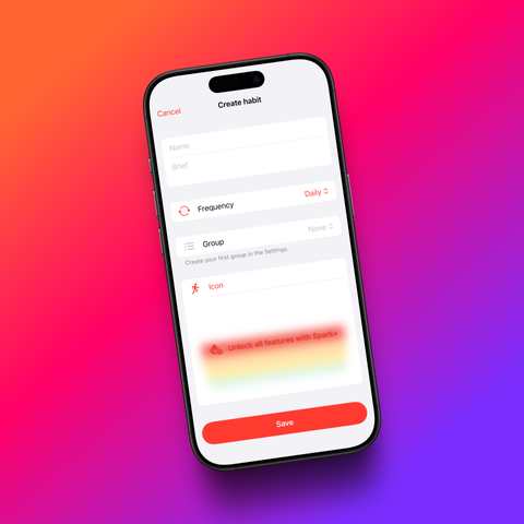 A smartphone displaying a habit-tracking app screen with the title “Create habit.” The interface includes fields for entering the habit name and a brief description, options to set the frequency (defaulted to “Daily”), and to assign the habit to a group. There is also a section for selecting an icon, followed by a blurred area with the text “Unlock all features with Spark+.” At the bottom, there is a prominent red “Save” button. The phone is tilted slightly to the left and is set against a vibrant gradient background transitioning from orange to pink to purple.