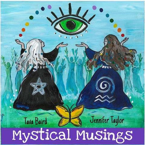 Cover art for the Mystical Musings podcast, featuring richly-colored, smudgy art of two witches holding up their hands with an arc of rainbow dots between them, in front of a crowd. A cauldron is in the foreground and several mystical symbols are around the image.