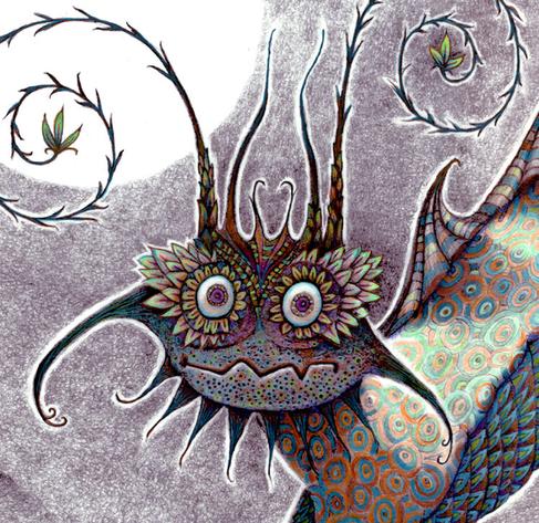 A startled looking creature stares with alarm at the viewer, frozen in place. Drawn in pencil with purple, green and bits of other colors. Behind its head, a white circle of moon.