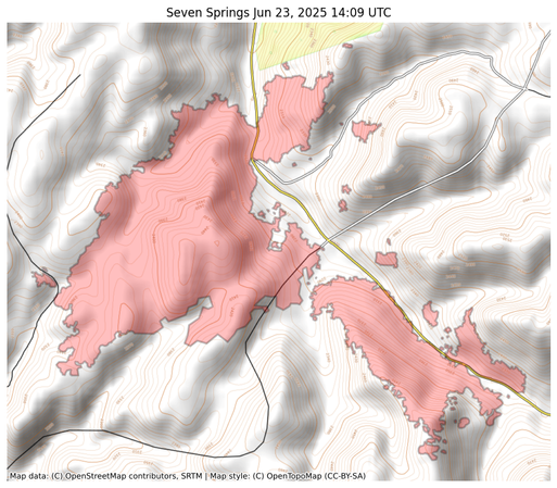 Visual map representation of the Seven Springs wildfire, showing the perimeters of the 805.0 acre fire on a map.