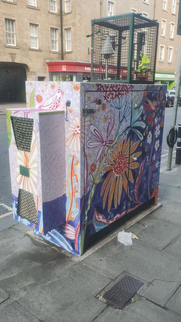 Electrical junction box with mesh box on top housing instruments, the casing painted with colourful flowers