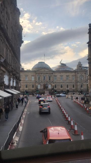 View from upper deck of a bus on North Bridge, looking to the Georgian architecture of Register House