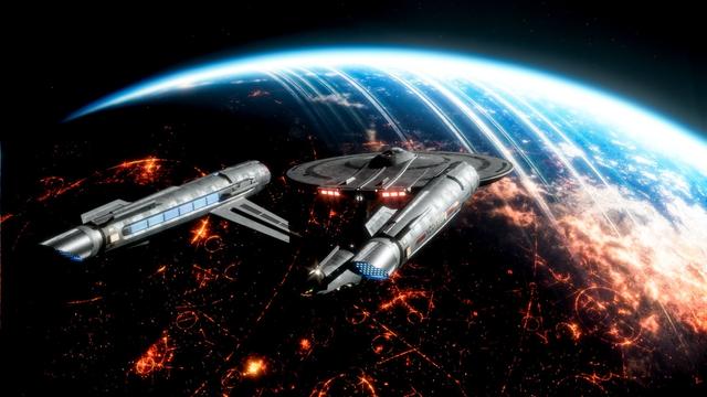 USS Enterprise (Strange New World version) over a planet, seen from behind, lighing from above right.
