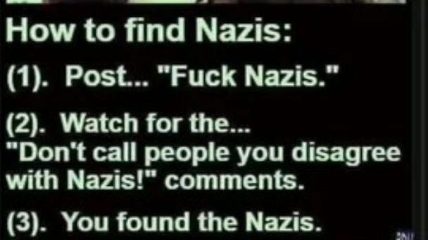 Image contains a text-based meme titled "How to find Nazis," outlining a three-step process that includes posting anti-Nazi sentiments, observing responses, and identifying those who defend or downplay Nazi associations. The tone is satirical and critical.

Das Bild enthält ein textbasiertes Meme mit dem Titel "Wie man Nazis findet", das einen dreistufigen Prozess umreißt, der das Posten von Anti-Nazi-Stimmen, das Beobachten von Antworten und die Identifizierung derjenigen beinhaltet, die Nazi-Assoziationen verteidigen oder herunterspielen. Der Ton ist satirisch und kritisch.