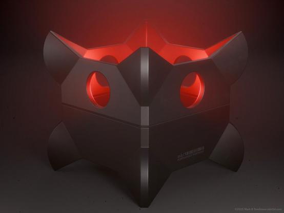 cube shape box container with a red glowing light inside. Four corners shaped like horns and four port holes around the top.