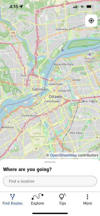 A mobile app screen that shows a small-scale map centred on Ottawa, Ontario, and Gatineau, Québec. The Ottawa River crosses the map from lower left to upper right. At the bottom of the screen is text that reads “Where are you going?” And it’s followed by a text field labeled “Find a location”.