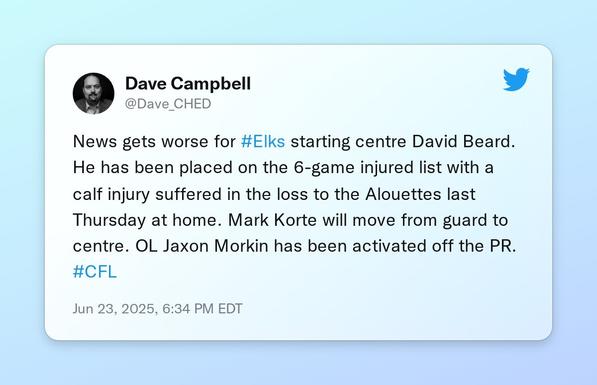News gets worse for #Elks starting centre David Beard. He has been placed on the 6-game injured list with a calf injury suffered in the loss to the Alouettes last Thursday at home.  Mark Korte will move from guard to centre. OL Jaxon Morkin has been activated off the PR. #CFL
