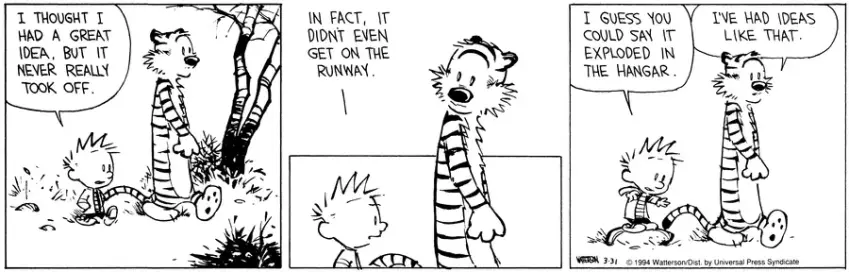 CALVIN: I thought I had a great idea. But it never really took off. In fact, it didn’t even get on the runway. I guess you could say it exploded in the hangar.
