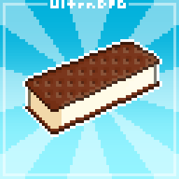 Pixel art of a rectangular ice cream sandwich. Two chocolate wafers on the top and bottom with vanilla ice cream in the middle.