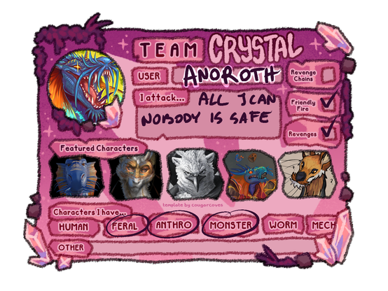 ArtFight card of Anoroth for 2025 , team crystals, frame design by cougarcoves.bsky.social‬