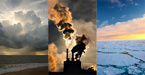 Three photos next to each other.

The first image is clouds and storms over the ocean, with a beach with waves.

The second image is a silhouette of an industrial building belching out dirty looking yellowish smoke into the sky.

The third image is of an icy place, but the ice is breaking up. The sky is blue, with a line of gold, pink and white clouds in the distance.