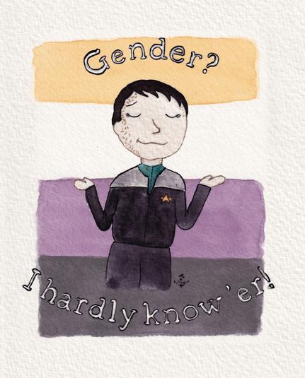 Watercolour painting of Ezri Dax from Star Trek Deep Space Nine. She’s shrugging with a happy expression with a nonbinary pride flag in the background (stripes of yellow, white, purple, and black). Text reads “gender? I hardly know ‘er!”