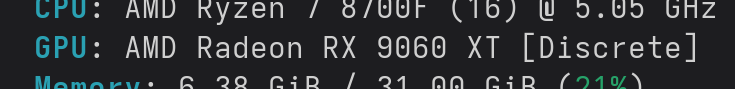 Terminal output that reads:

GPU: AMD Radeon RX 9060 XT [Discrete]