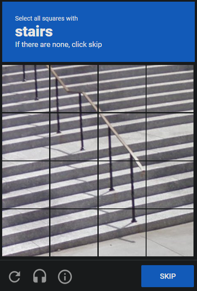 Screenshot of a Google reCAPTCHA challenge, where it asks to select all squares with pictures of stairs, but all of them are squares with pictures of stairs!