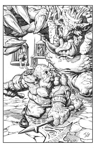 A sketch of Snorri Nosebiter from Warhammer Fantasy series Gotrek and Felix being attacked by a gigantic troll.