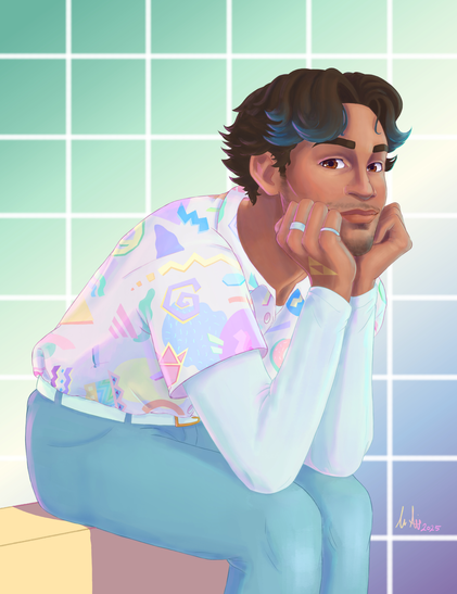 A young man sits happily on a bench and smiles at the viewer, his elbows propped up on his knees, and his head resting in his hands. He's wearing light blue jeans and a white long-sleeved shirt, with a pastel rainbow 90s geometric button-up shirt over top. His hair and beard are dark brown, but the tips of his bangs are died bright blue. On his hand are two silver rings and a gold Triforce tattoo.

The background is a green-white-blue gradient, symbolizing the Trans-inclusive Gay Pride flag, with a white line grid over top. My artist's signature is on the bottom-right, by his outer knee.
