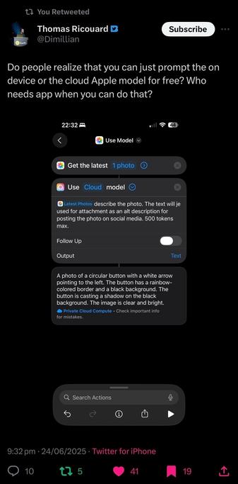 A tweet showcases an iPhone screen with options to use Apple's on-device or cloud image models, featuring a UI demonstration for photo and text description.