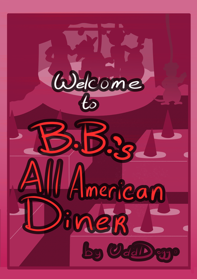 A cover page for a comic, in pink monochrome, titled 'Welcome to BB's All American Diner' by Odddoggo. The image shows the main room of a animatronic birthday party resturant, similar to Chuck E Cheese, at night.