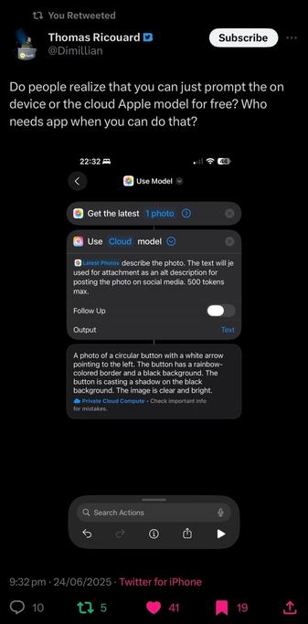 A tweet showcases an iPhone screen with options to use Apple's on-device or cloud image models, featuring a UI demonstration for photo and text description.