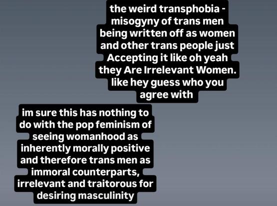 "the weird transphobia - misogyny of trans men being written off as women and other trans people just Accepting it like oh yeah they Are Irrelevant Women. like hey guess who you agree with

im sure this has nothing to do with the pop feminism of seeing womanhood as inherently morally positive and therefore trans men as immoral counterparts, irrelevant and traitorous for desiring masculinity"