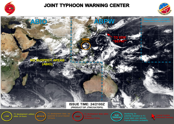ABPW10 PGTW 240600
MSGID/GENADMIN/JOINT TYPHOON WRNCEN PEARL HARBOR HI//
SUBJ/SIGNIFICANT TROPICAL WEATHER ADVISORY FOR THE WESTERN AND SOUTH 
PACIFIC OCEANS/240600Z-250600ZJUN2025//
REF/A/MSG/JOINT TYPHOON WRNCEN PEARL HARBOR HI/240151ZJUN2025//
AMPN/REF A IS A TROPICAL CYCLONE WARNING.//
RMKS/
1. WESTERN NORTH PACIFIC AREA (180 TO MALAY PENINSULA):
   A. TROPICAL CYCLONE SUMMARY:
      (1) AT 24JUN25 0000Z, TROPICAL STORM 02W (SEPAT) WAS LOCATED 
NEAR 29.3N 141.0E, APPROXIMATELY 366 NM SOUTH OF YOKOSUKA, JAPAN, AND 
HAD TRACKED NORTHWESTWARD AT 12 KNOTS OVER THE PAST SIX HOURS. 
MAXIMUM SUSTAINED SURFACE WINDS WERE ESTIMATED AT 35 KNOTS GUSTING TO 
45 KNOTS. SEE REF A (WTPN31 PGTW 240300) FOR FURTHER DETAILS.
      (2) NO OTHER TROPICAL CYCLONES.
   B. TROPICAL DISTURBANCE SUMMARY:
      (1) THE AREA OF CONVECTION (INVEST 96W) PREVIOUSLY LOCATED NEAR 
14.4N 118.7E IS NOW LOCATED NEAR 15.8N 116.7E, APPROXIMATELY 415 NM 
SOUTH-SOUTHEAST OF HONG KONG. MULTISPECTRAL SATELLITE IMAGERY 
(MSI) DEPICTS A BROAD, SLOWLY CONSOLIDATING LOW LEVEL CIRCULATION 
CENTER (LLCC) WITH WEAKLY FLARING CONVECTION. A RECENT 240308Z GMI 89 
GHZ MICROWAVE PASS SHOWS THE BROAD NATURE OF THE SYSTEMS STRUCTURE 
AND FRAGMENTED CONVECTIVE BANDING. A RECENT 240400Z SHIP OBSERVATION 
TO THE SOUTHWEST OF THE CIRCULATION REVEALS 17KT NORTH-NORTHWESTERLY 
WINDS. ENVIRONMENTAL ANALYSIS IN