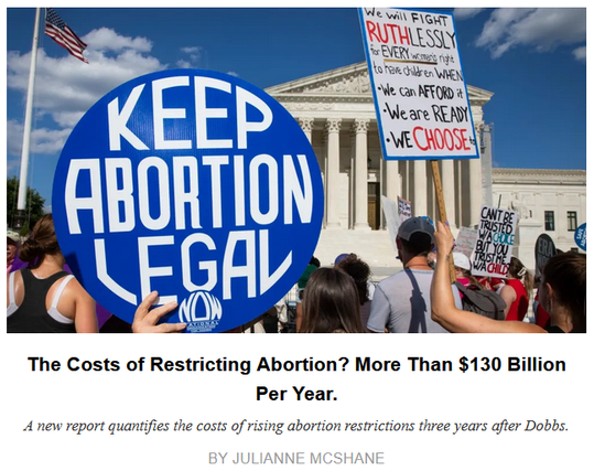 Mother Jones
The Costs of Restricting Abortion? More Than $130 Billion Per Year.
A new report quantifies the costs of rising abortion restrictions three years after Dobbs.
Julianne McShane, June 23, 2025

Photo of a protest with a prominent blue "Keep Abortion Legal" sign in the foreground. Three years after the Supreme Court overruled Roe v. Wade, a new analysis estimates the economic cost of abortion bans. Aashish Kiphayet / Sipa / AP

"...This is not the first indication that Dobbs has shrunken the workforce and stunted the economy. Recent research from both IWPR and the National Bureau of Economic Research (NBER), for example, shows that young, highly educated people are moving out of states with abortion bans. And another recent NBER paper found that abortion restrictions increased rates of intimate partner violence by 7 to 10 percent, contributing to a projected increase of $1.24 billion in social costs, including health care and lost productivity for victims. But the new IWPR fact sheet provides some of the timeliest analysis of the economic impacts of Dobbs, and helps quantify the overall costs of rising abortion restrictions nationwide. “This is not just a women’s crisis, it’s really a national economic crisis of significant magnitude,” says Melissa Mahoney, senior research economist at IWPR and lead author of the report..."