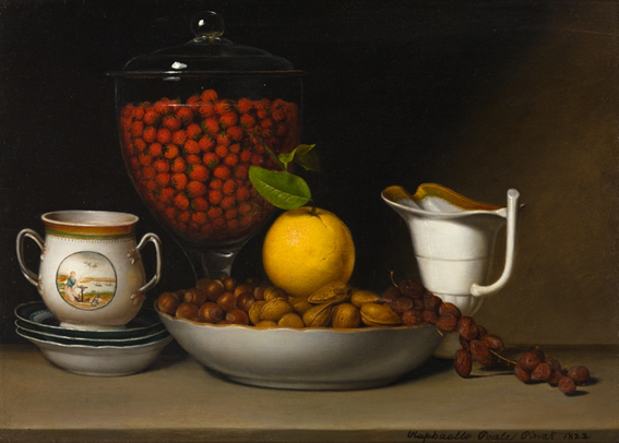 A Realist still life. The items sit on a brown surface with a darker brown backdrop. In the rear, a large covered glass compote holds a large number of small strawberries. Before it, going from left to right, are a two-handled cup sitting atop a stack of three saucers, a bowl of hazelnuts and almonds, with a single orange and a bunch of raisins still on the stem, and a small pitcher.
