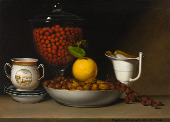 A Realist still life. The items sit on a brown surface with a darker brown backdrop. In the rear, a large covered glass compote holds a large number of small strawberries. Before it, going from left to right, are a two-handled cup sitting atop a stack of three saucers, a bowl of hazelnuts and almonds, with a single orange and a bunch of raisins still on the stem, and a small pitcher.