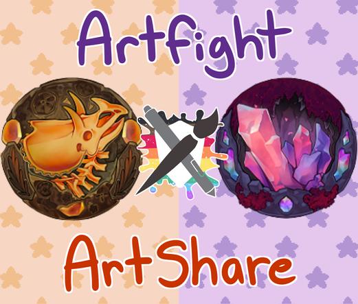 a picture that says "artfight artshare" depicting the two themes this year, fossils and crystals with the artfight pride logo in the middle